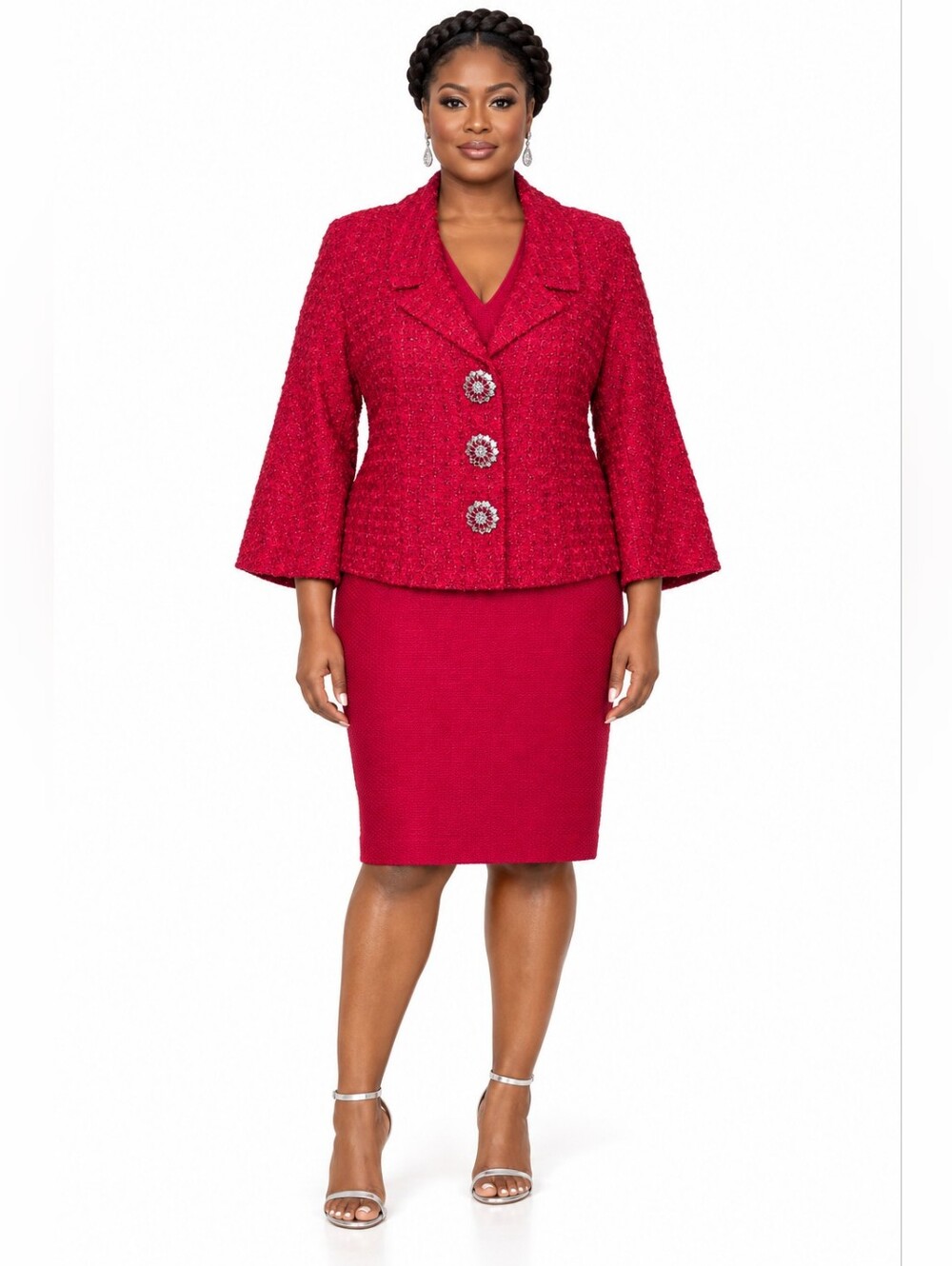 St. John US 12 Red Tweed Knit 2Pc Midi Dress Jacket Suit Jeweled Flared Sleeve